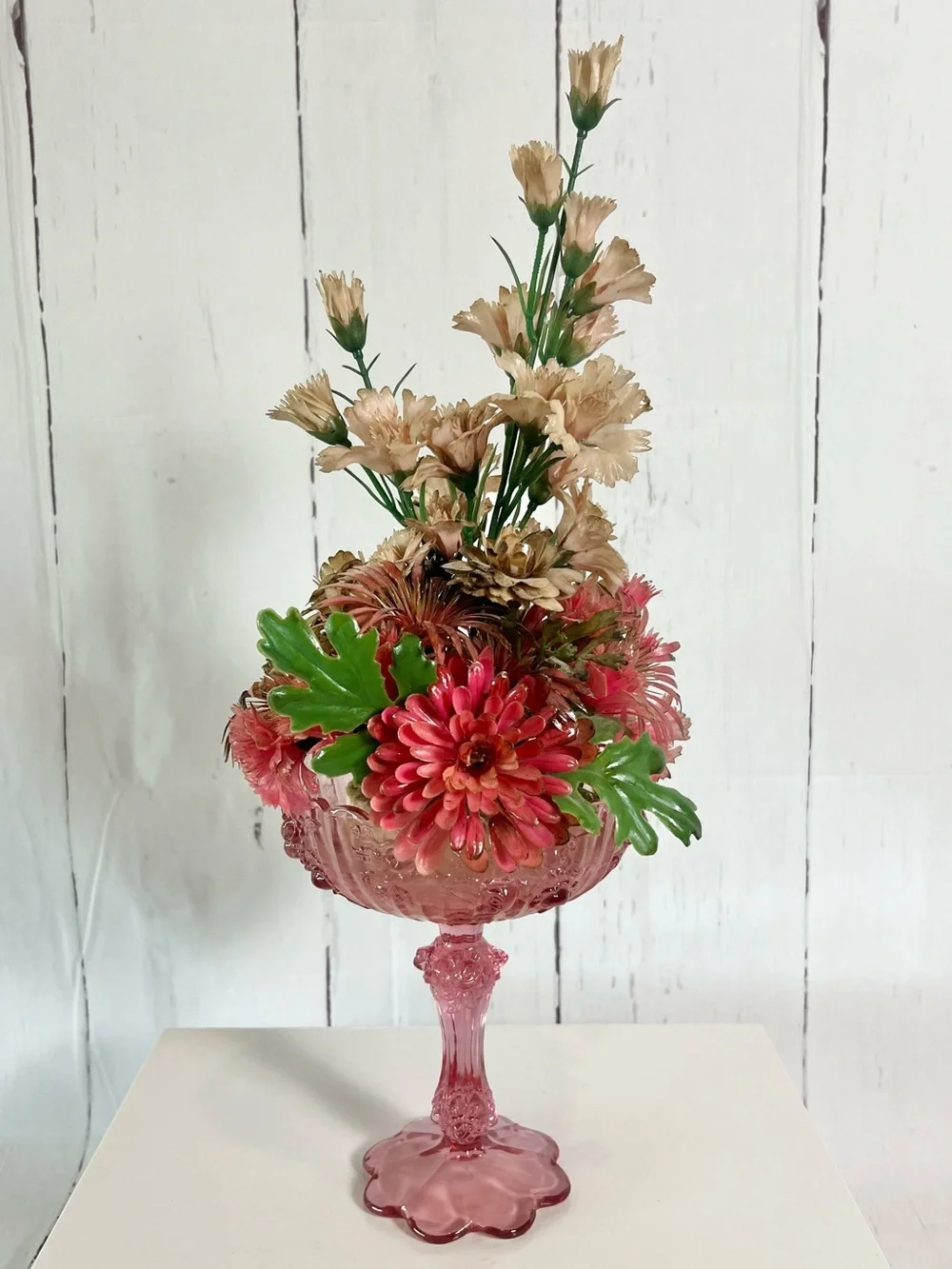 Vintage Fenton Pink Glass Compote with Mid Century Plastic Floral Arrangement